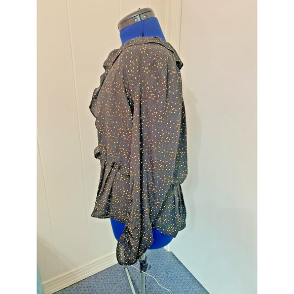 Cabi Large Wrap Top Ruffle Neckline Black/Heart Print Long sleeve Career Church - Picture 2 of 10